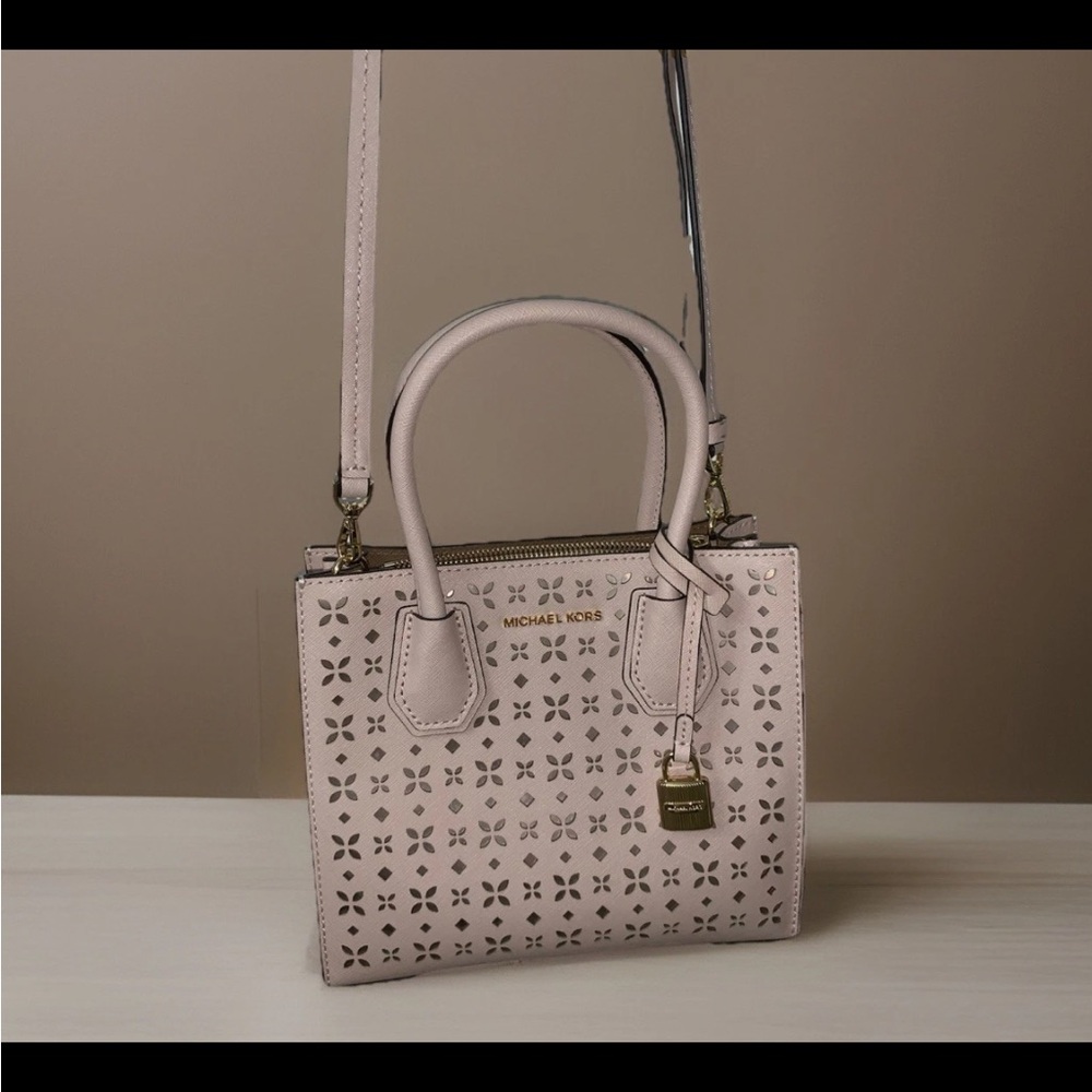 Michael Kors Mercer Extra Small Perforated Leather Crossbody-Blush pink